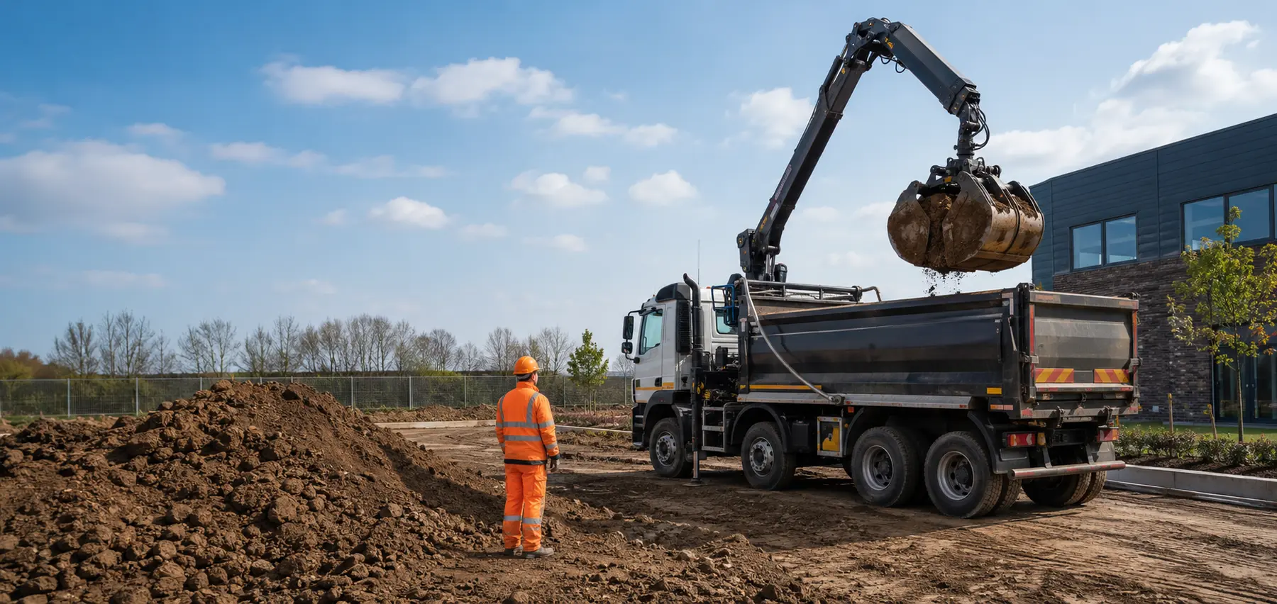 Grab lorry collecting clean excavated soil
